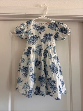Ivy City Co Odette Dress with White and Blue Floral Print and Puff Sleeves